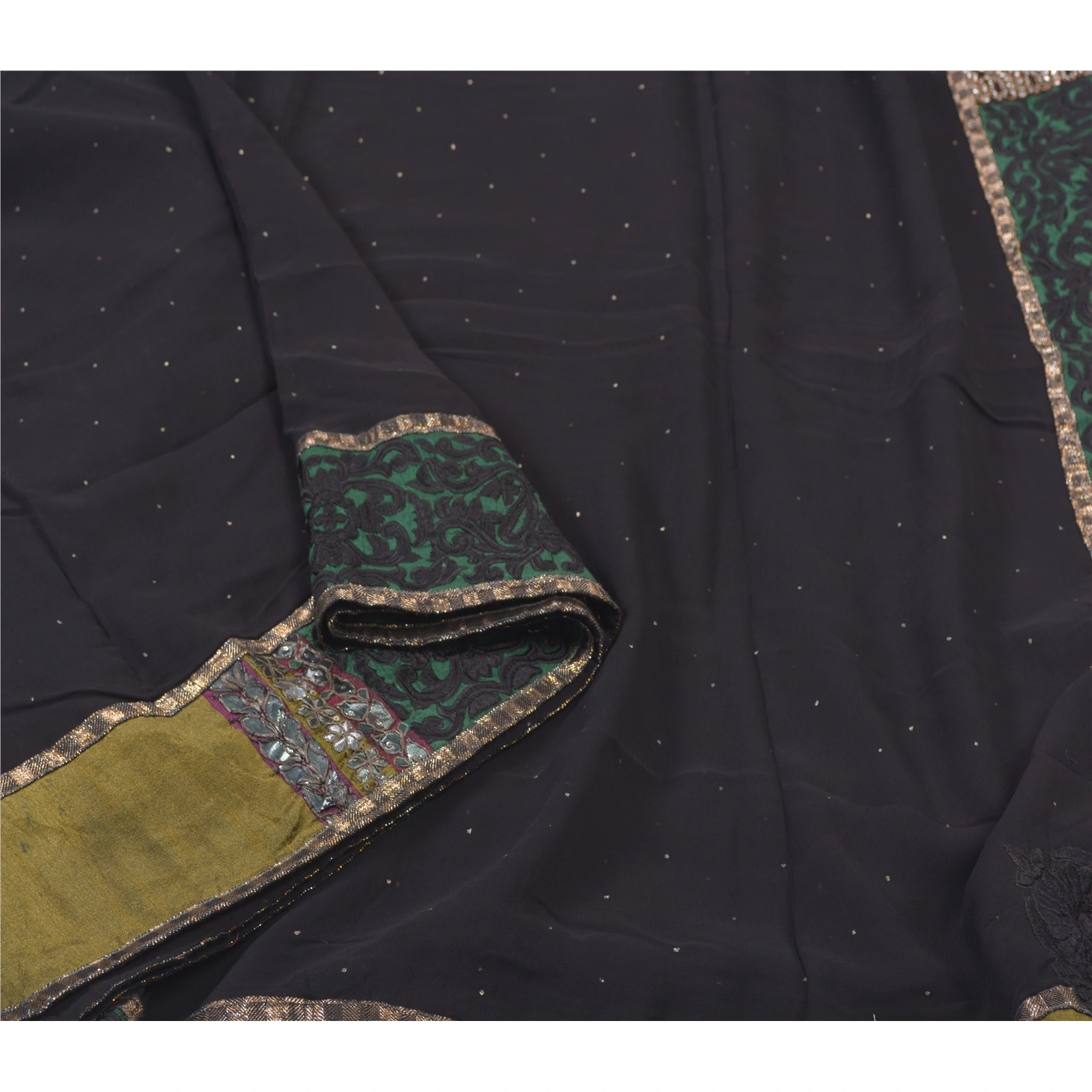 Sanskriti Vintage Black Sarees Blend Georgette Handmade Cultural Craft Fabric, PS-55797-Black-Patch Work-Blend Georgette-10