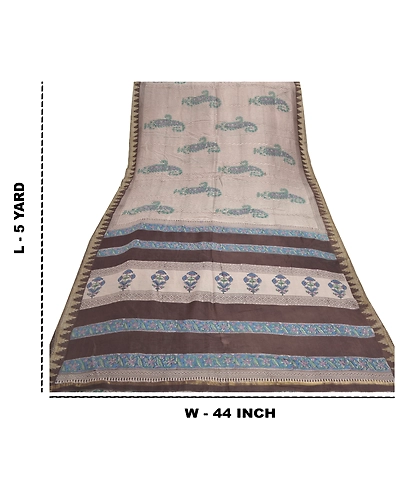 Sanskriti Vintage Cream Sarees Pure Cotton Block Print Kalamkari Sari Fabric, PS-55839-Cream &amp; Brown-Block Printed Work-100% Pure Cotton-1