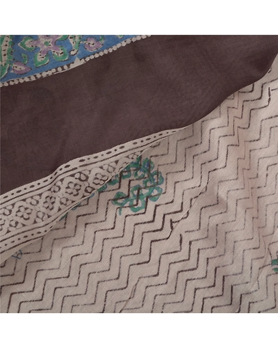 Sanskriti Vintage Cream Sarees Pure Cotton Block Print Kalamkari Sari Fabric, PS-55839-Cream &amp; Brown-Block Printed Work-100% Pure Cotton-2