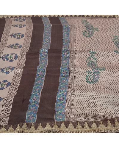 Sanskriti Vintage Cream Sarees Pure Cotton Block Print Kalamkari Sari Fabric, PS-55839-Cream &amp; Brown-Block Printed Work-100% Pure Cotton-3