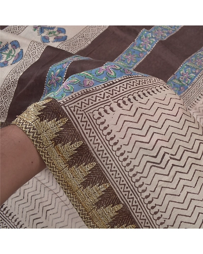 Sanskriti Vintage Cream Sarees Pure Cotton Block Print Kalamkari Sari Fabric, PS-55839-Cream &amp; Brown-Block Printed Work-100% Pure Cotton-4