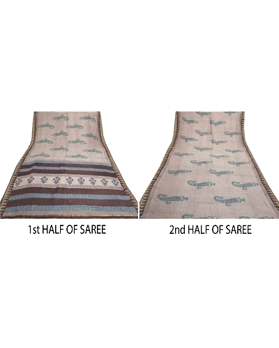 Sanskriti Vintage Cream Sarees Pure Cotton Block Print Kalamkari Sari Fabric, PS-55839-Cream &amp; Brown-Block Printed Work-100% Pure Cotton-5