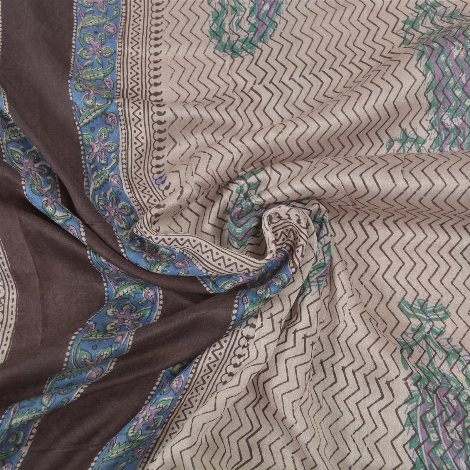 Sanskriti Vintage Cream Sarees Pure Cotton Block Print Kalamkari Sari Fabric, PS-55839-Cream &amp; Brown-Block Printed Work-100% Pure Cotton-6