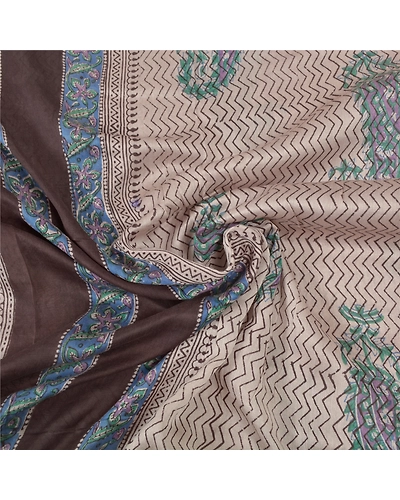 Sanskriti Vintage Cream Sarees Pure Cotton Block Print Kalamkari Sari Fabric, PS-55839-Cream &amp; Brown-Block Printed Work-100% Pure Cotton-6