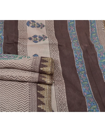 Sanskriti Vintage Cream Sarees Pure Cotton Block Print Kalamkari Sari Fabric, PS-55839-Cream &amp; Brown-Block Printed Work-100% Pure Cotton-7
