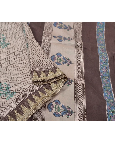 Sanskriti Vintage Cream Sarees Pure Cotton Block Print Kalamkari Sari Fabric, PS-55839-Cream &amp; Brown-Block Printed Work-100% Pure Cotton-9