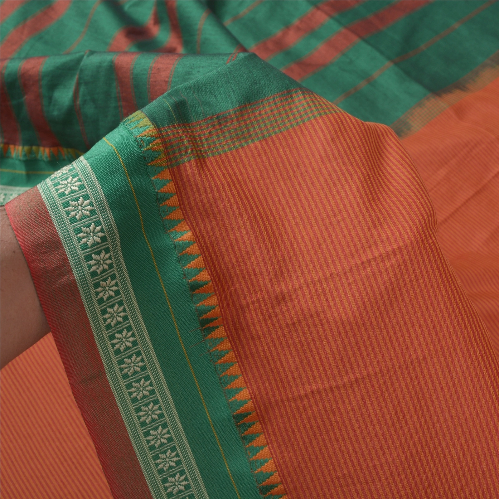 Sanskriti Vintage Orange Sarees Blend Cotton Woven Premium Sari Craft Fabric, PS-55845-Orange &amp; Green-Woven Work-Blend Cotton-4