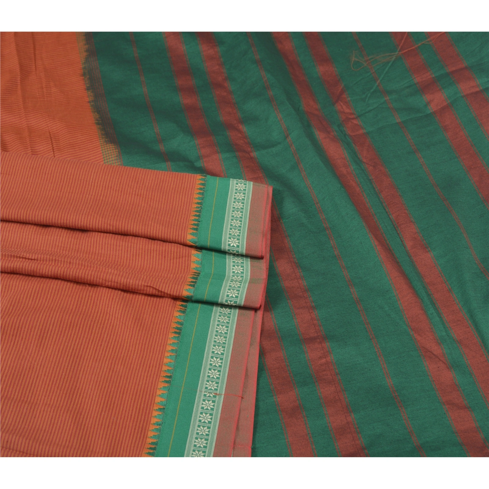 Sanskriti Vintage Orange Sarees Blend Cotton Woven Premium Sari Craft Fabric, PS-55845-Orange &amp; Green-Woven Work-Blend Cotton-7