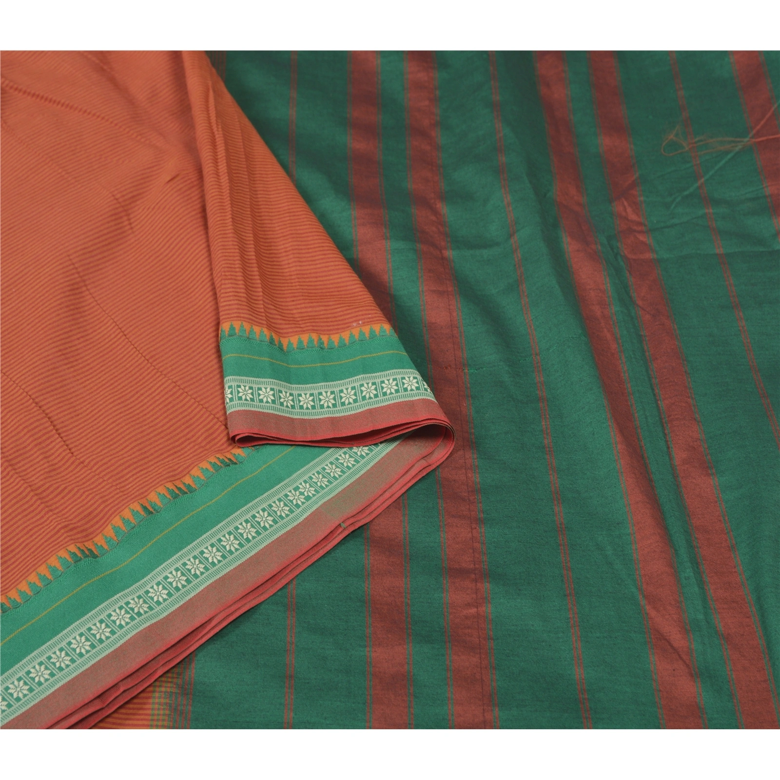 Sanskriti Vintage Orange Sarees Blend Cotton Woven Premium Sari Craft Fabric, PS-55845-Orange &amp; Green-Woven Work-Blend Cotton-9