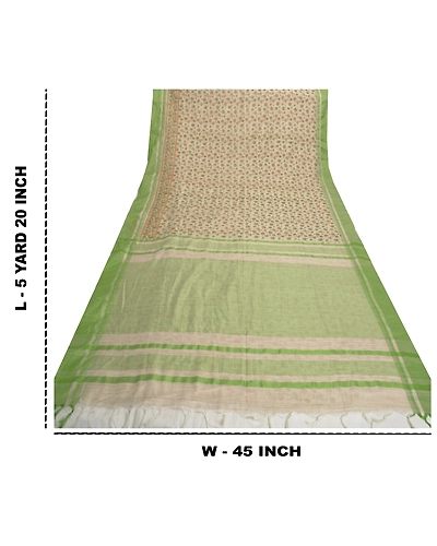 Sanskriti Vintage Cream Indian Sari Cotton Printed &amp; Woven Sarees Craft Fabric, PS-55848-Cream &amp; Green-Printed Work-Cotton-1