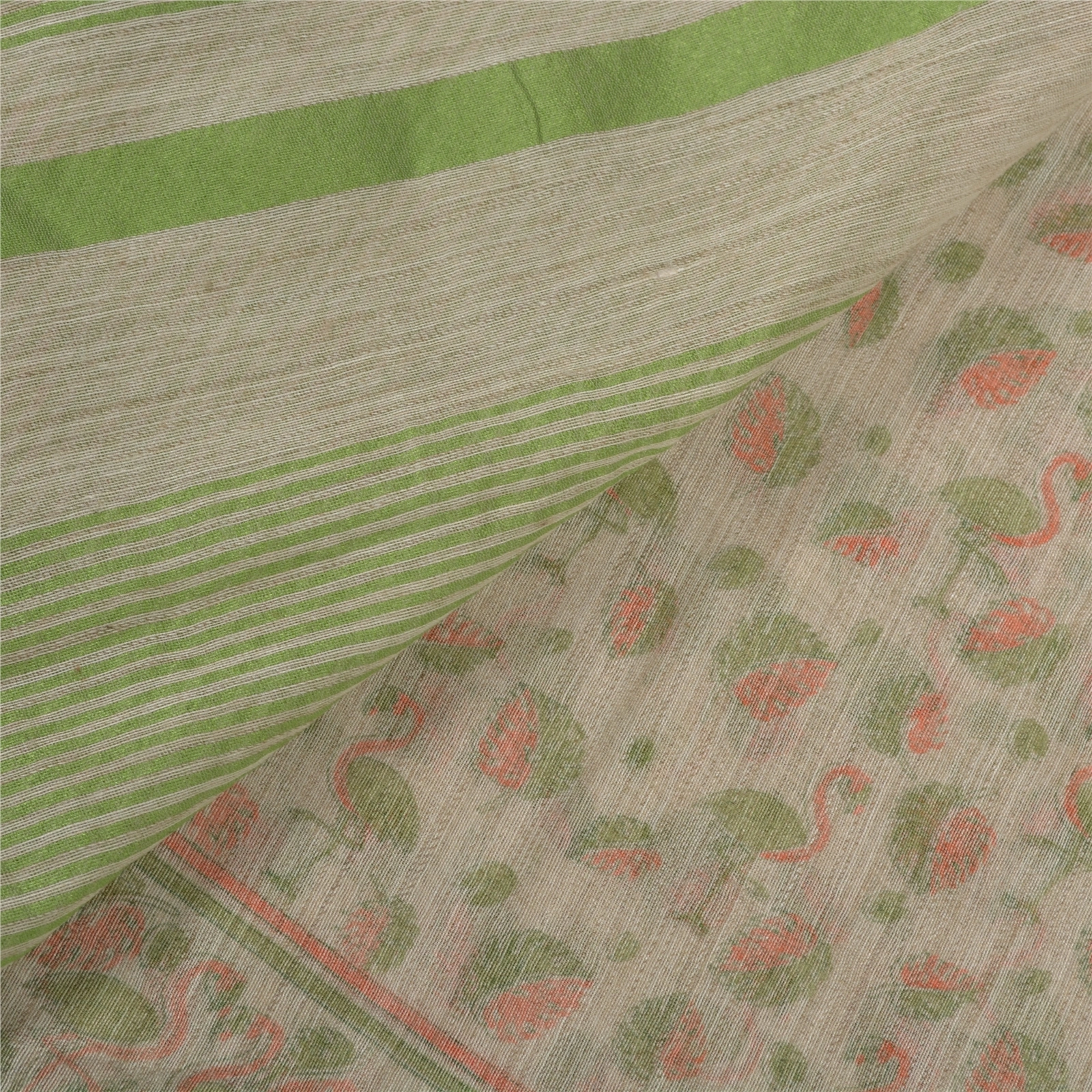 Sanskriti Vintage Cream Indian Sari Cotton Printed &amp; Woven Sarees Craft Fabric, PS-55848-Cream &amp; Green-Printed Work-Cotton-2