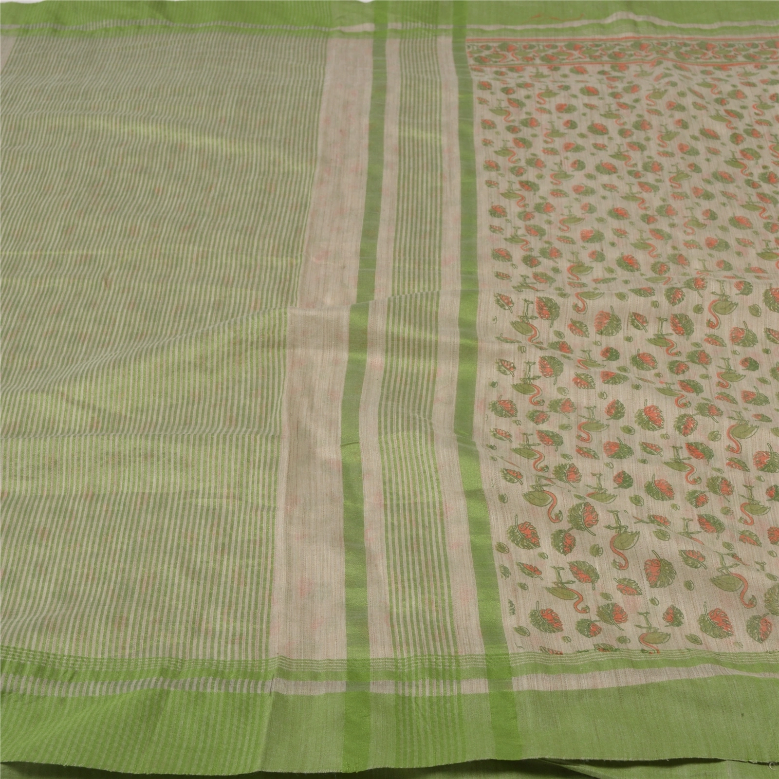 Sanskriti Vintage Cream Indian Sari Cotton Printed &amp; Woven Sarees Craft Fabric, PS-55848-Cream &amp; Green-Printed Work-Cotton-3