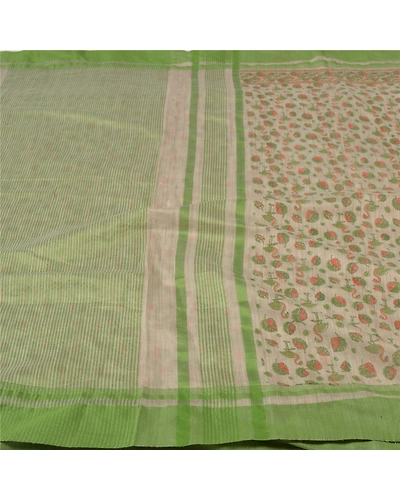 Sanskriti Vintage Cream Indian Sari Cotton Printed &amp; Woven Sarees Craft Fabric, PS-55848-Cream &amp; Green-Printed Work-Cotton-3