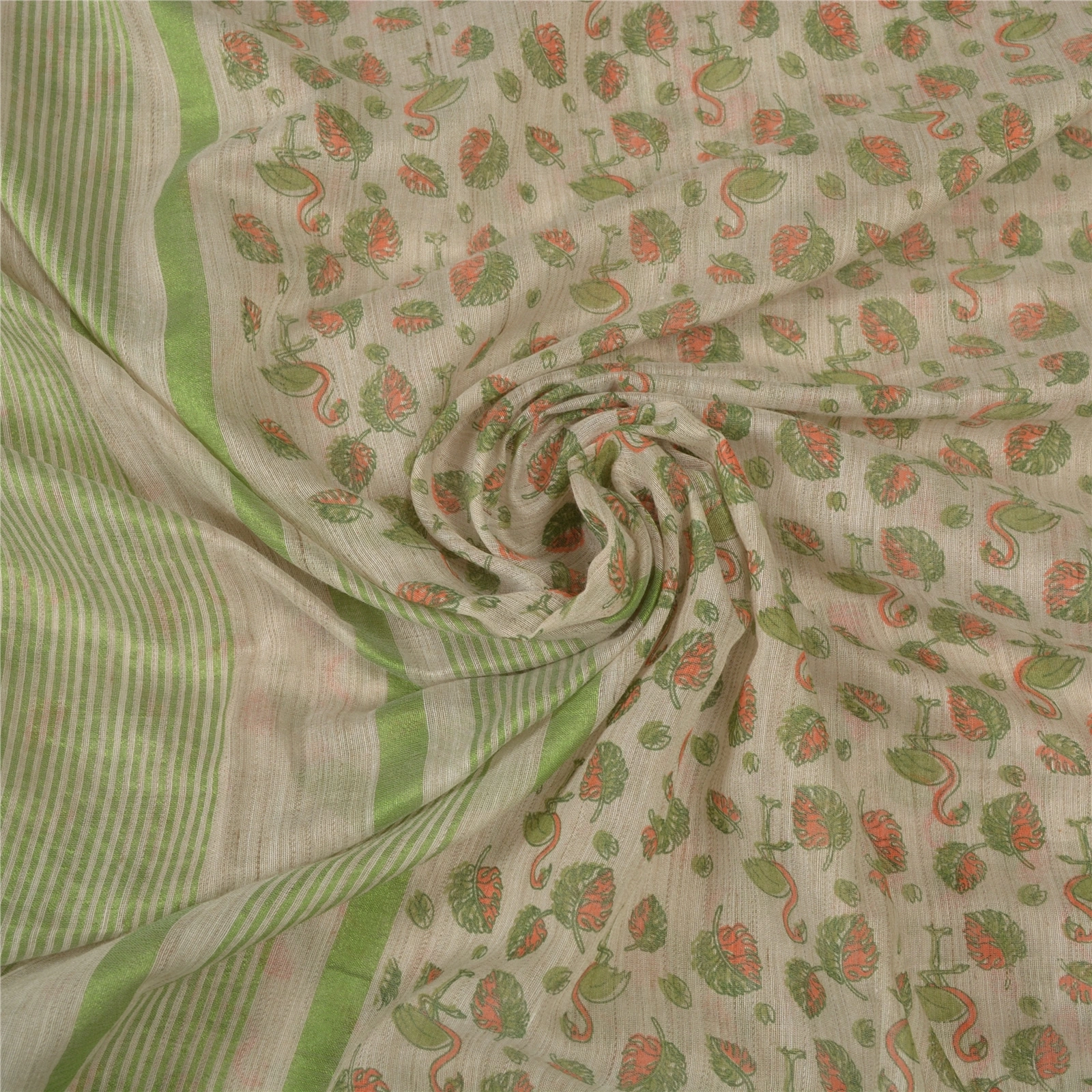 Sanskriti Vintage Cream Indian Sari Cotton Printed &amp; Woven Sarees Craft Fabric, PS-55848-Cream &amp; Green-Printed Work-Cotton-6