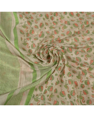 Sanskriti Vintage Cream Indian Sari Cotton Printed &amp; Woven Sarees Craft Fabric, PS-55848-Cream &amp; Green-Printed Work-Cotton-6
