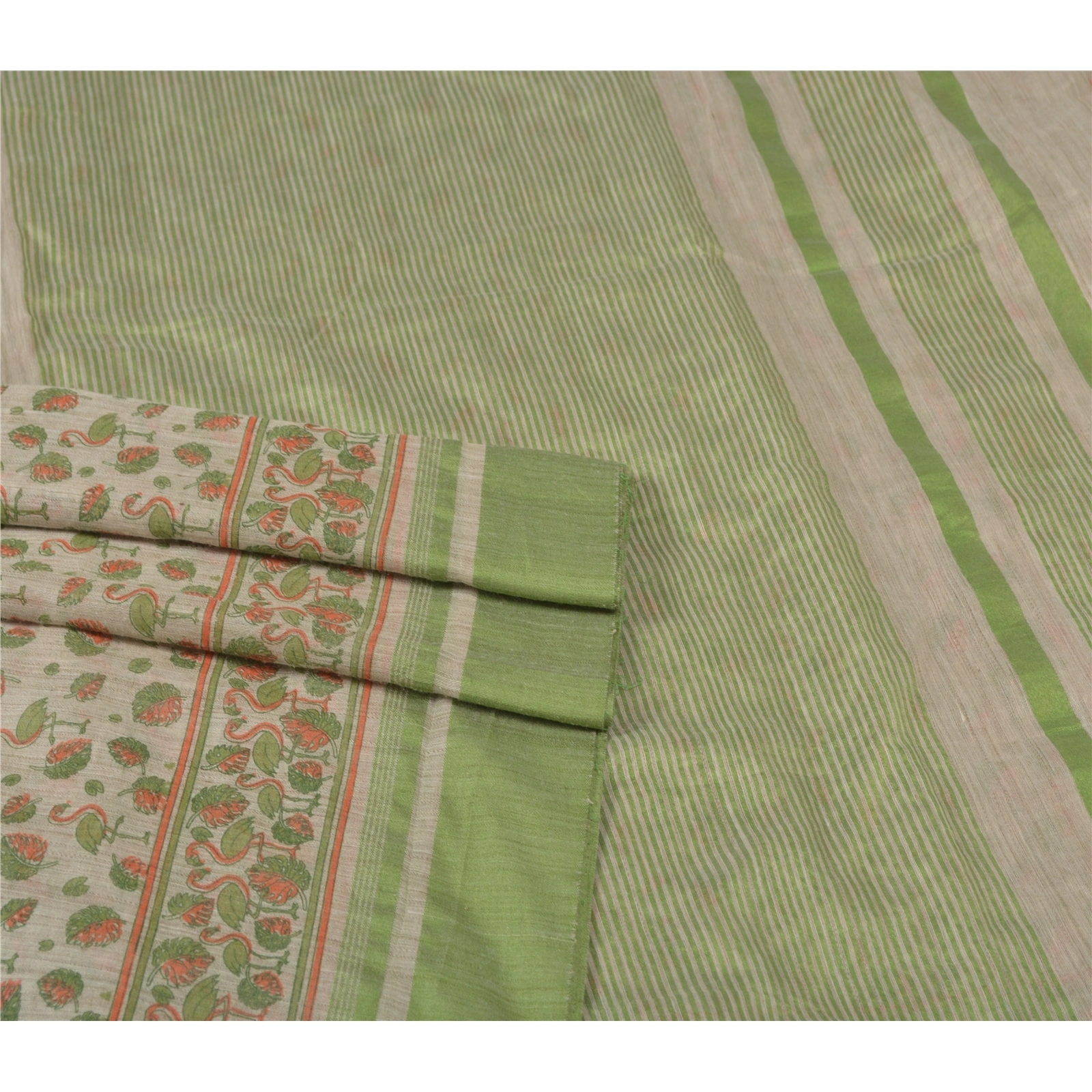 Sanskriti Vintage Cream Indian Sari Cotton Printed &amp; Woven Sarees Craft Fabric, PS-55848-Cream &amp; Green-Printed Work-Cotton-7