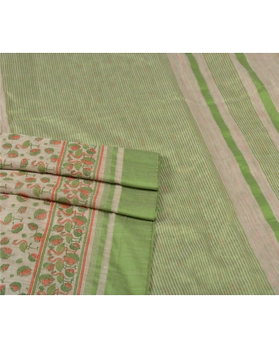 Sanskriti Vintage Cream Indian Sari Cotton Printed &amp; Woven Sarees Craft Fabric, PS-55848-Cream &amp; Green-Printed Work-Cotton-7