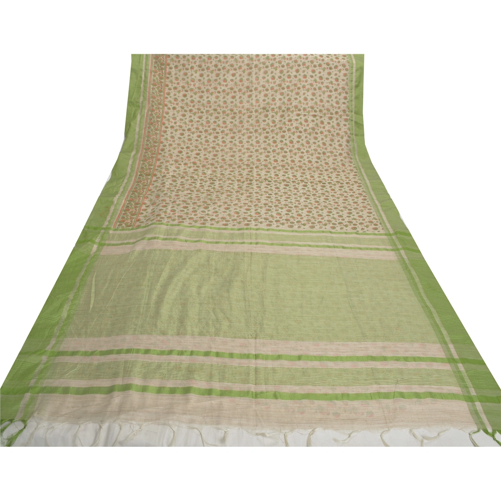 Sanskriti Vintage Cream Indian Sari Cotton Printed &amp; Woven Sarees Craft Fabric, PS-55848-Cream &amp; Green-Printed Work-Cotton-8