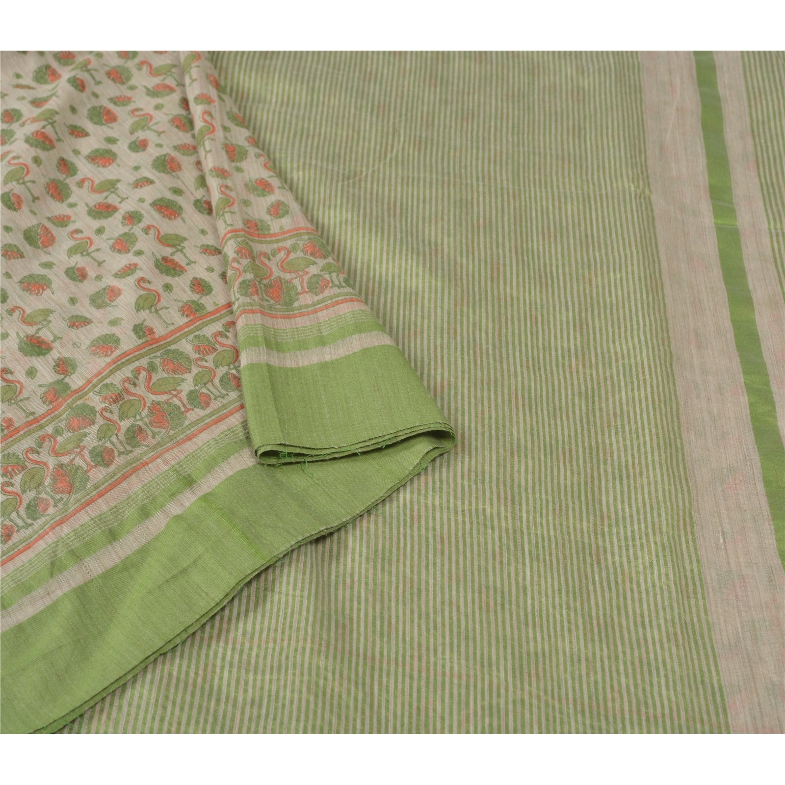 Sanskriti Vintage Cream Indian Sari Cotton Printed &amp; Woven Sarees Craft Fabric, PS-55848-Cream &amp; Green-Printed Work-Cotton-9