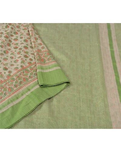 Sanskriti Vintage Cream Indian Sari Cotton Printed &amp; Woven Sarees Craft Fabric, PS-55848-Cream &amp; Green-Printed Work-Cotton-9