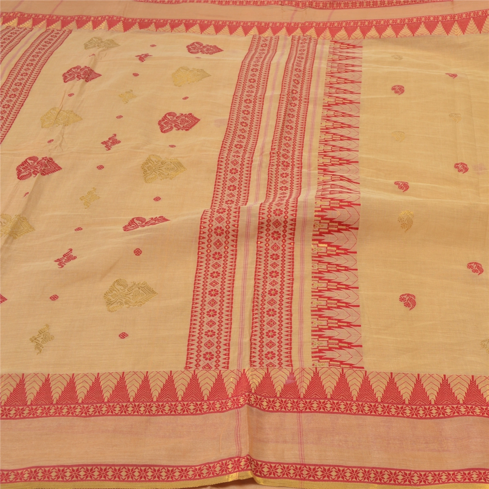 Sanskriti Vintage Beige Indian Sari Pure Cotton Hand Woven Sarees Premium Fabric, PS-55874-Shade Of Beige-Hand Woven Work-100% Pure Cotton-3