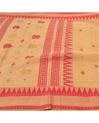 Sanskriti Vintage Beige Indian Sari Pure Cotton Hand Woven Sarees Premium Fabric, PS-55874-Shade Of Beige-Hand Woven Work-100% Pure Cotton-3