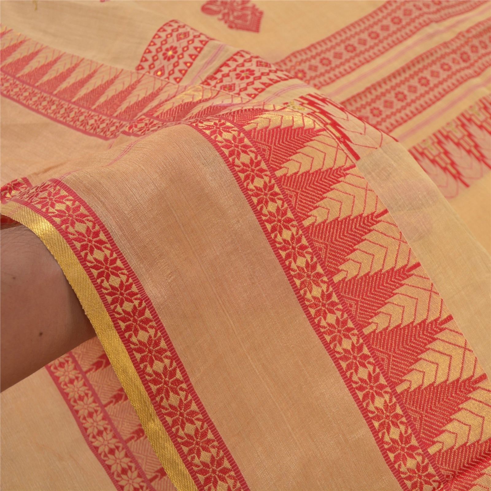 Sanskriti Vintage Beige Indian Sari Pure Cotton Hand Woven Sarees Premium Fabric, PS-55874-Shade Of Beige-Hand Woven Work-100% Pure Cotton-4