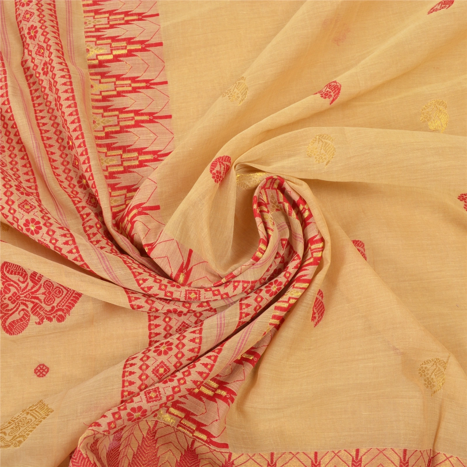 Sanskriti Vintage Beige Indian Sari Pure Cotton Hand Woven Sarees Premium Fabric, PS-55874-Shade Of Beige-Hand Woven Work-100% Pure Cotton-6