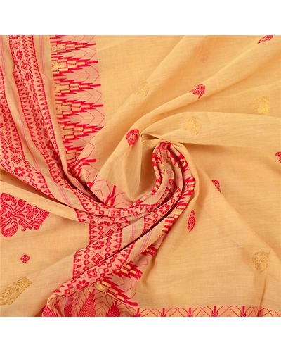 Sanskriti Vintage Beige Indian Sari Pure Cotton Hand Woven Sarees Premium Fabric, PS-55874-Shade Of Beige-Hand Woven Work-100% Pure Cotton-6