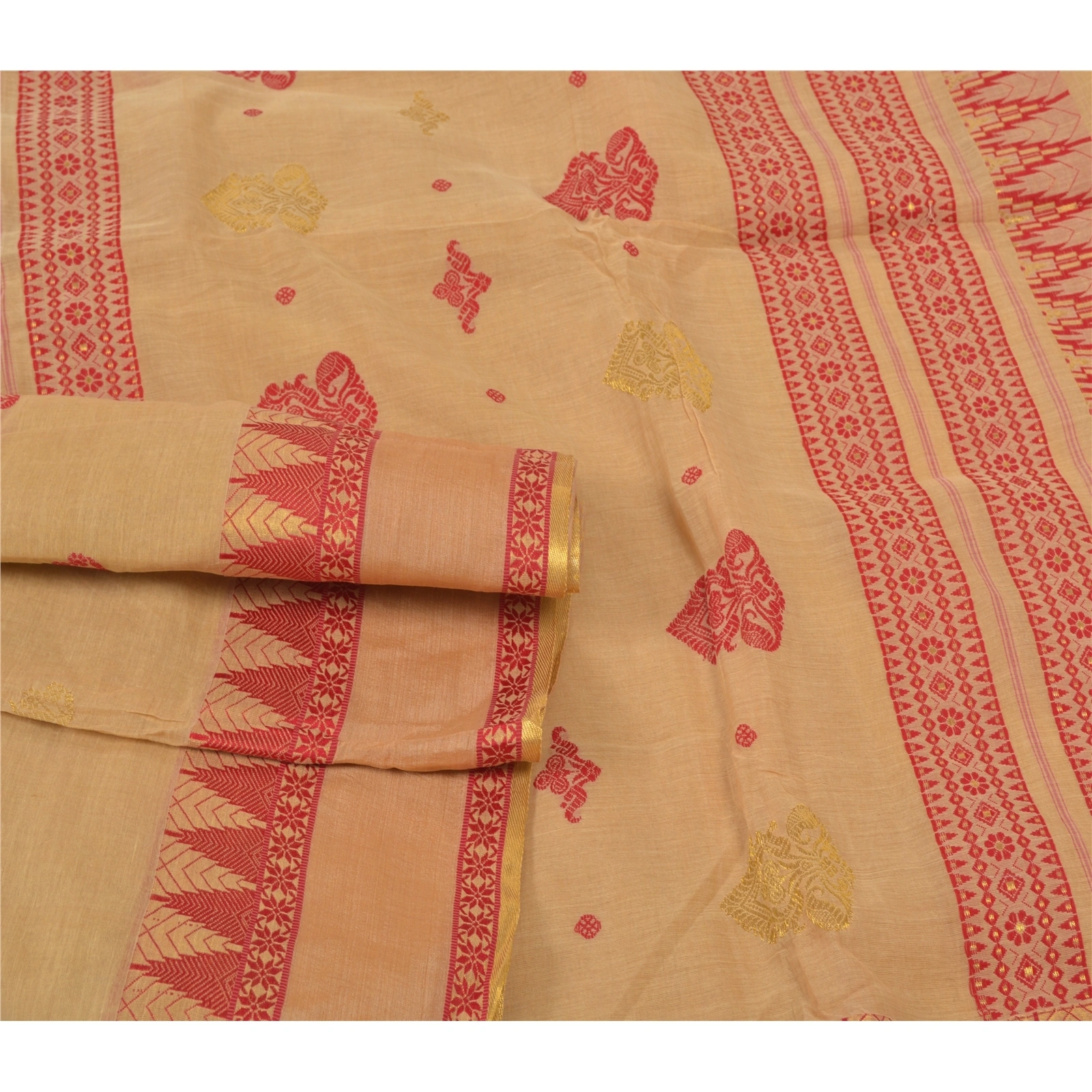 Sanskriti Vintage Beige Indian Sari Pure Cotton Hand Woven Sarees Premium Fabric, PS-55874-Shade Of Beige-Hand Woven Work-100% Pure Cotton-7