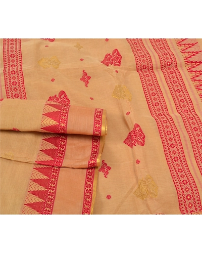 Sanskriti Vintage Beige Indian Sari Pure Cotton Hand Woven Sarees Premium Fabric, PS-55874-Shade Of Beige-Hand Woven Work-100% Pure Cotton-7