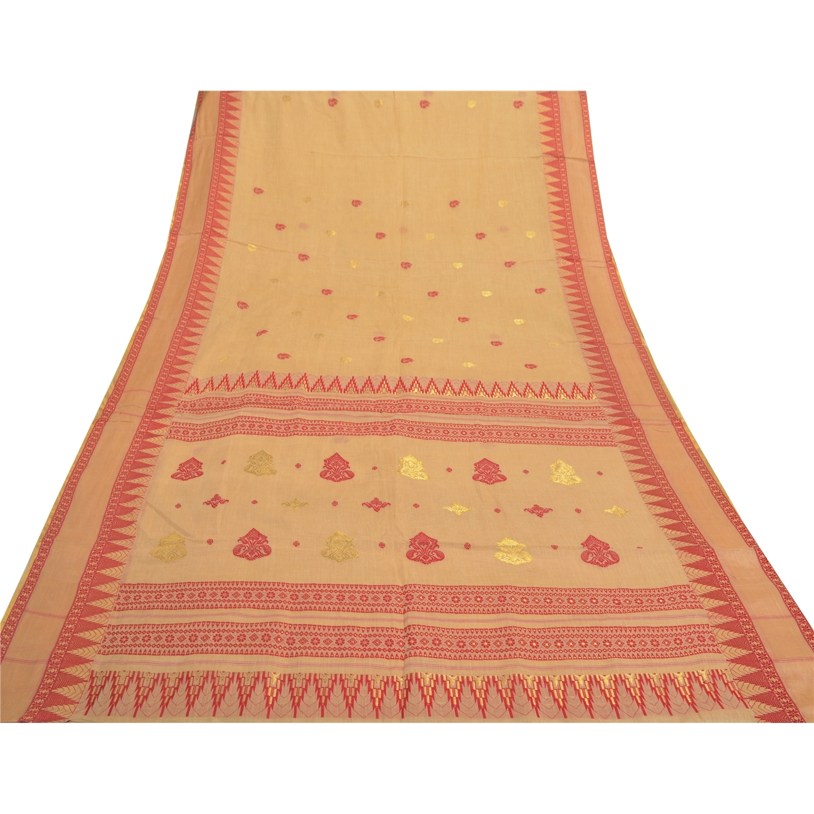 Sanskriti Vintage Beige Indian Sari Pure Cotton Hand Woven Sarees Premium Fabric, PS-55874-Shade Of Beige-Hand Woven Work-100% Pure Cotton-8