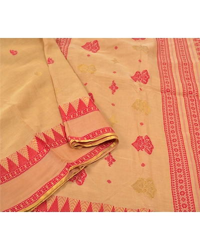 Sanskriti Vintage Beige Indian Sari Pure Cotton Hand Woven Sarees Premium Fabric, PS-55874-Shade Of Beige-Hand Woven Work-100% Pure Cotton-9