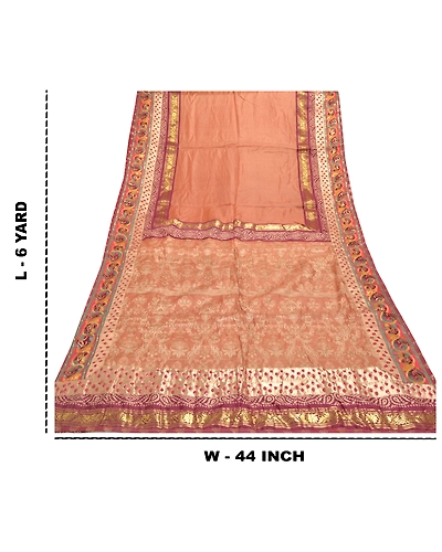 Sanskriti Vintage Peach Sarees Pure Silk Hand Beaded Woven Sari 5 Yard Fabric, PS-55891-Shade Of Peach-Woven Work-100% Pure Silk-1