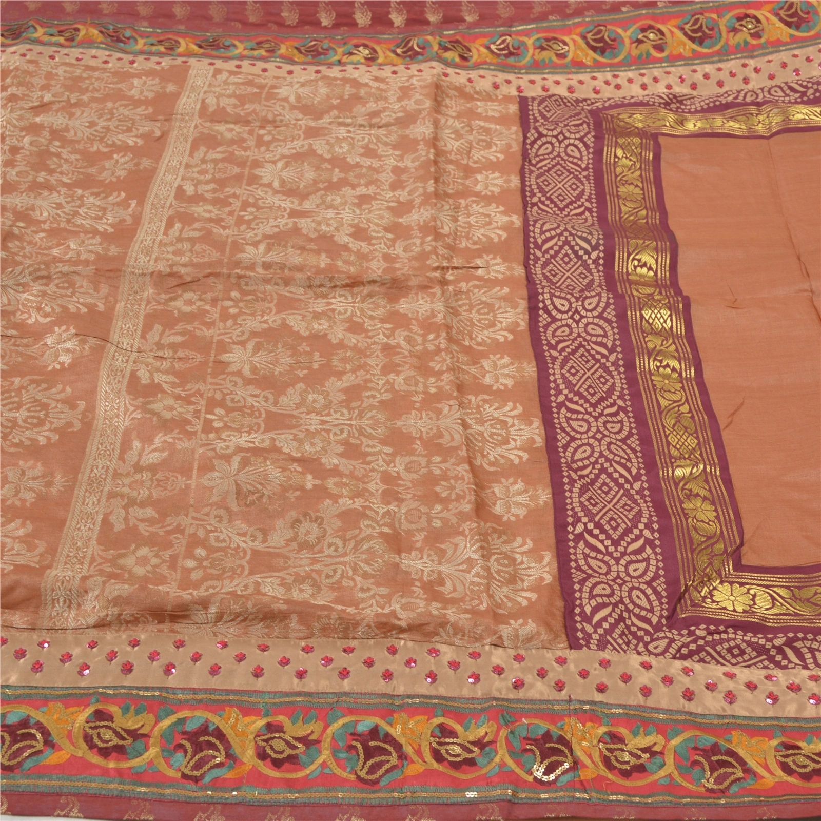 Sanskriti Vintage Peach Sarees Pure Silk Hand Beaded Woven Sari 5 Yard Fabric, PS-55891-Shade Of Peach-Woven Work-100% Pure Silk-3