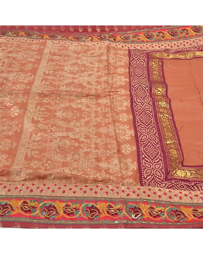 Sanskriti Vintage Peach Sarees Pure Silk Hand Beaded Woven Sari 5 Yard Fabric, PS-55891-Shade Of Peach-Woven Work-100% Pure Silk-3