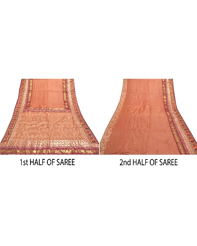 Sanskriti Vintage Peach Sarees Pure Silk Hand Beaded Woven Sari 5 Yard Fabric, PS-55891-Shade Of Peach-Woven Work-100% Pure Silk-5