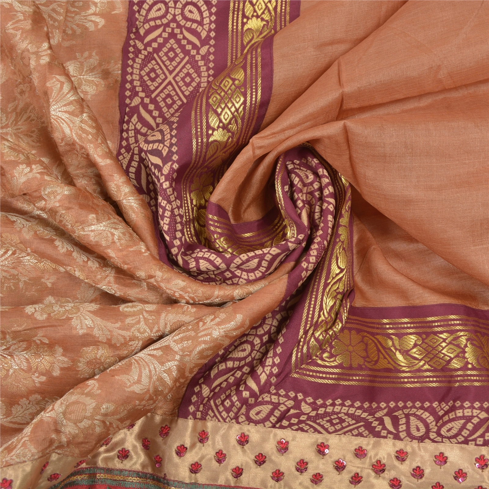 Sanskriti Vintage Peach Sarees Pure Silk Hand Beaded Woven Sari 5 Yard Fabric, PS-55891-Shade Of Peach-Woven Work-100% Pure Silk-6