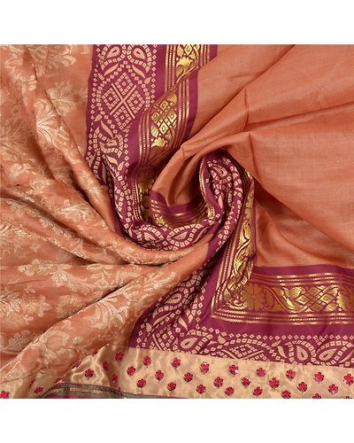 Sanskriti Vintage Peach Sarees Pure Silk Hand Beaded Woven Sari 5 Yard Fabric, PS-55891-Shade Of Peach-Woven Work-100% Pure Silk-6