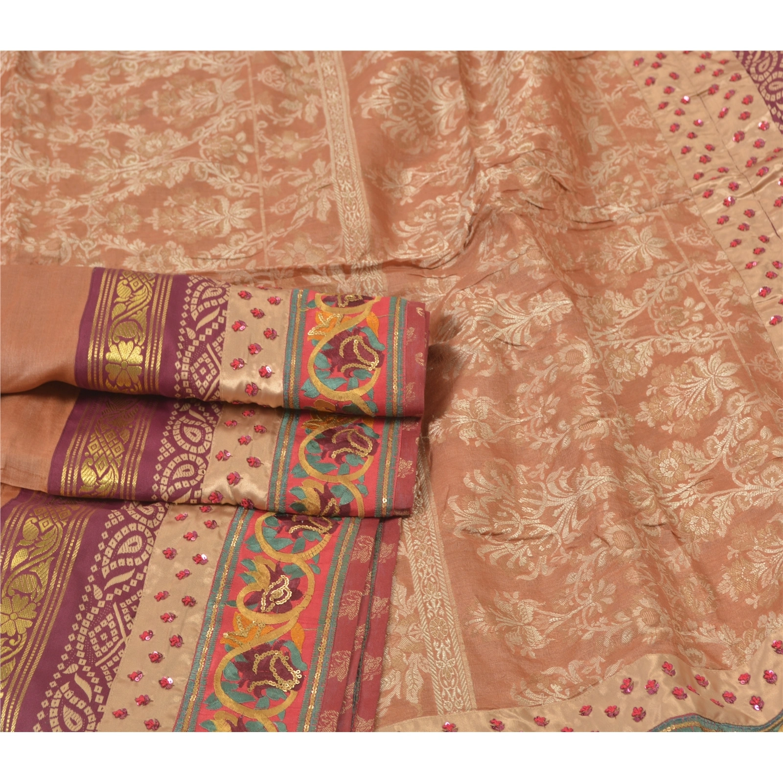 Sanskriti Vintage Peach Sarees Pure Silk Hand Beaded Woven Sari 5 Yard Fabric, PS-55891-Shade Of Peach-Woven Work-100% Pure Silk-7