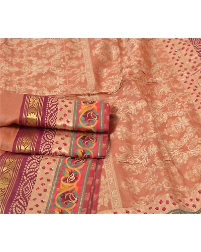 Sanskriti Vintage Peach Sarees Pure Silk Hand Beaded Woven Sari 5 Yard Fabric, PS-55891-Shade Of Peach-Woven Work-100% Pure Silk-7