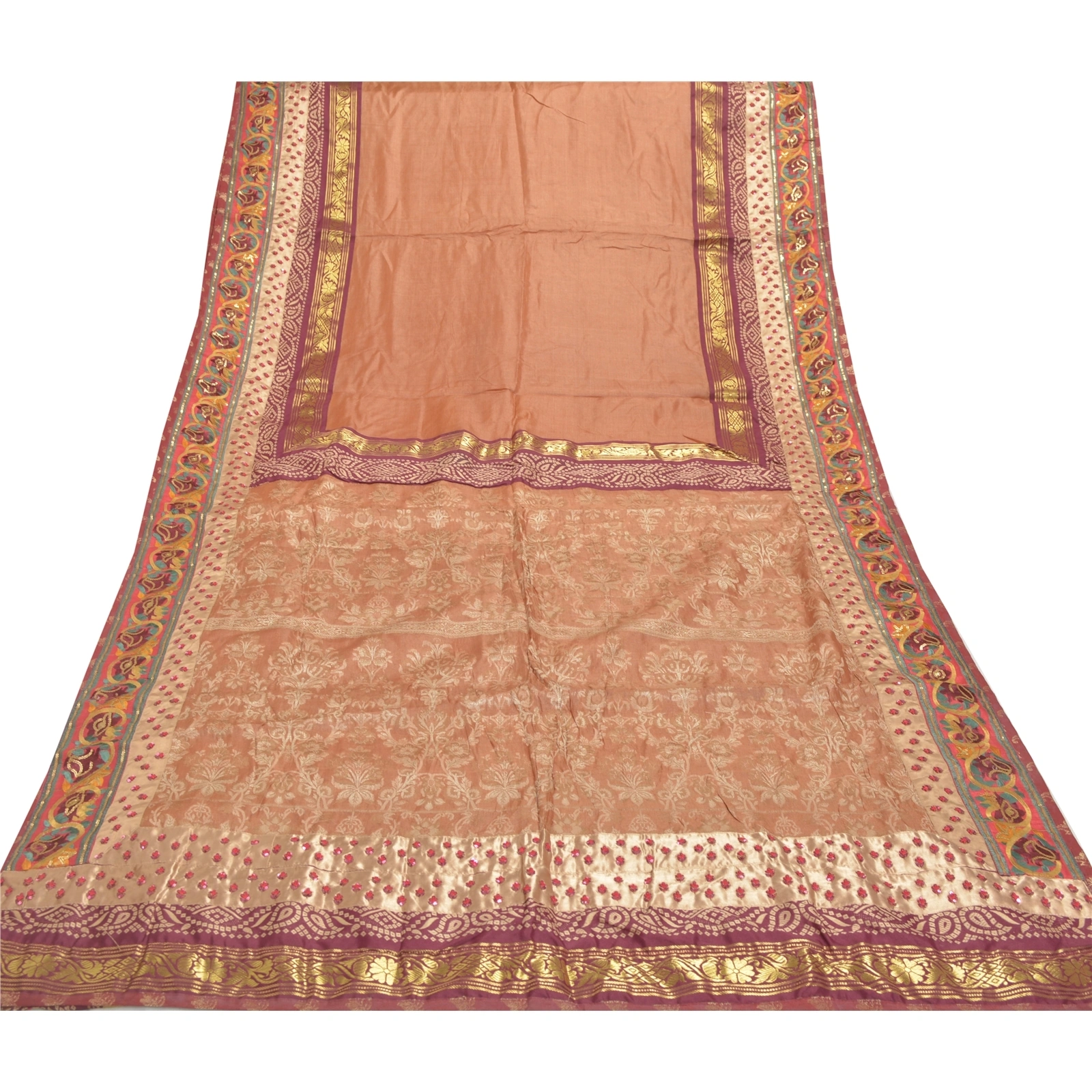 Sanskriti Vintage Peach Sarees Pure Silk Hand Beaded Woven Sari 5 Yard Fabric, PS-55891-Shade Of Peach-Woven Work-100% Pure Silk-8