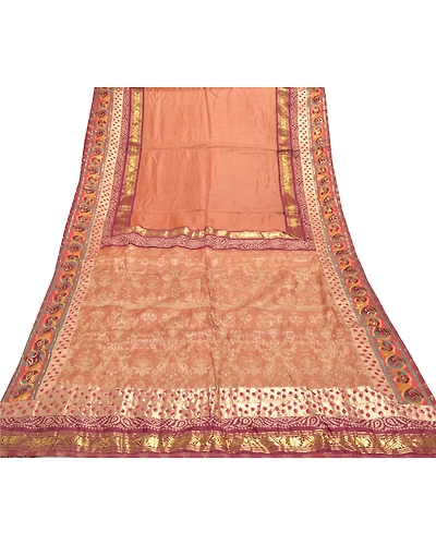 Sanskriti Vintage Peach Sarees Pure Silk Hand Beaded Woven Sari 5 Yard Fabric, PS-55891-Shade Of Peach-Woven Work-100% Pure Silk-8
