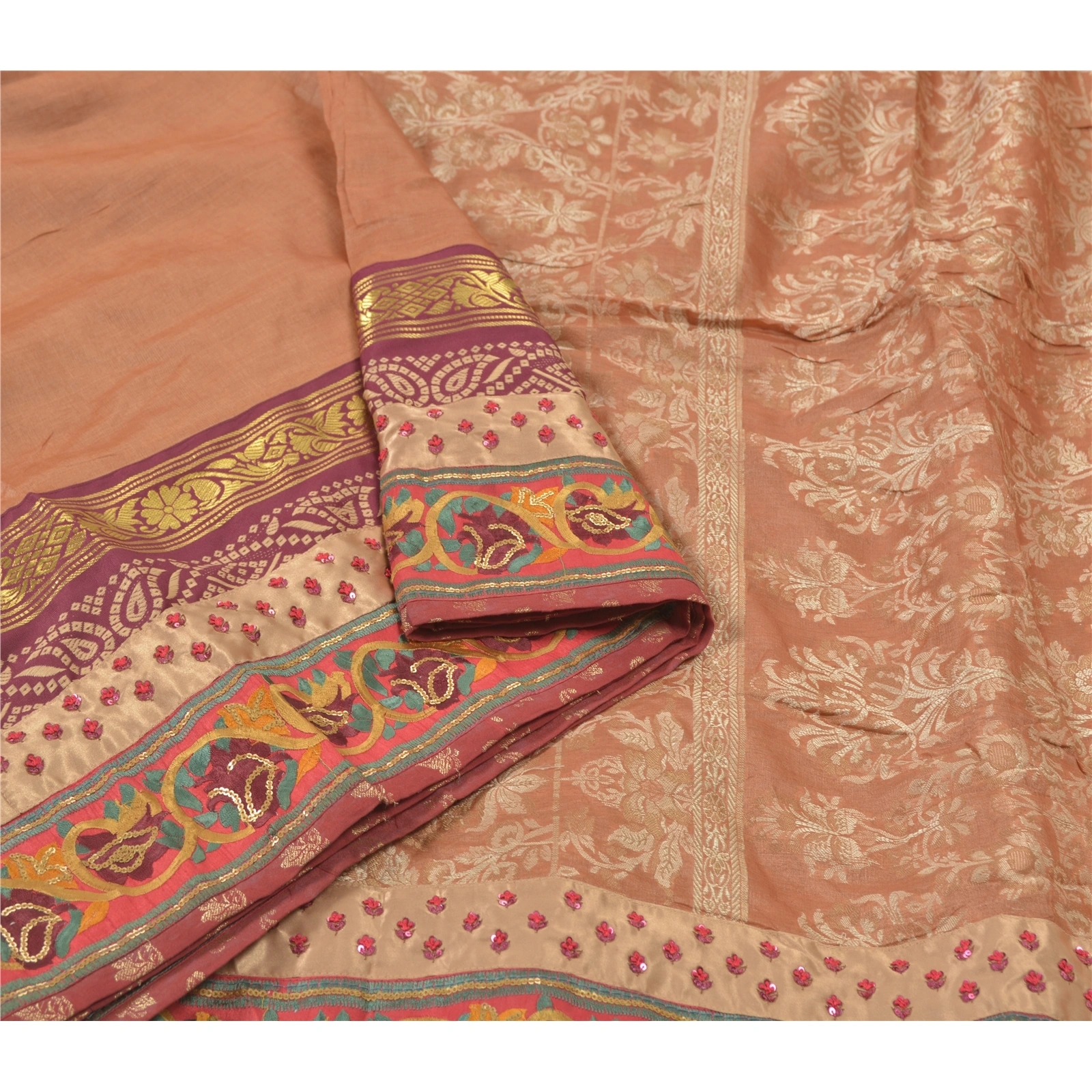 Sanskriti Vintage Peach Sarees Pure Silk Hand Beaded Woven Sari 5 Yard Fabric, PS-55891-Shade Of Peach-Woven Work-100% Pure Silk-9