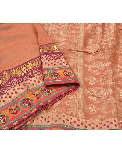 Sanskriti Vintage Peach Sarees Pure Silk Hand Beaded Woven Sari 5 Yard Fabric, PS-55891-Shade Of Peach-Woven Work-100% Pure Silk-9