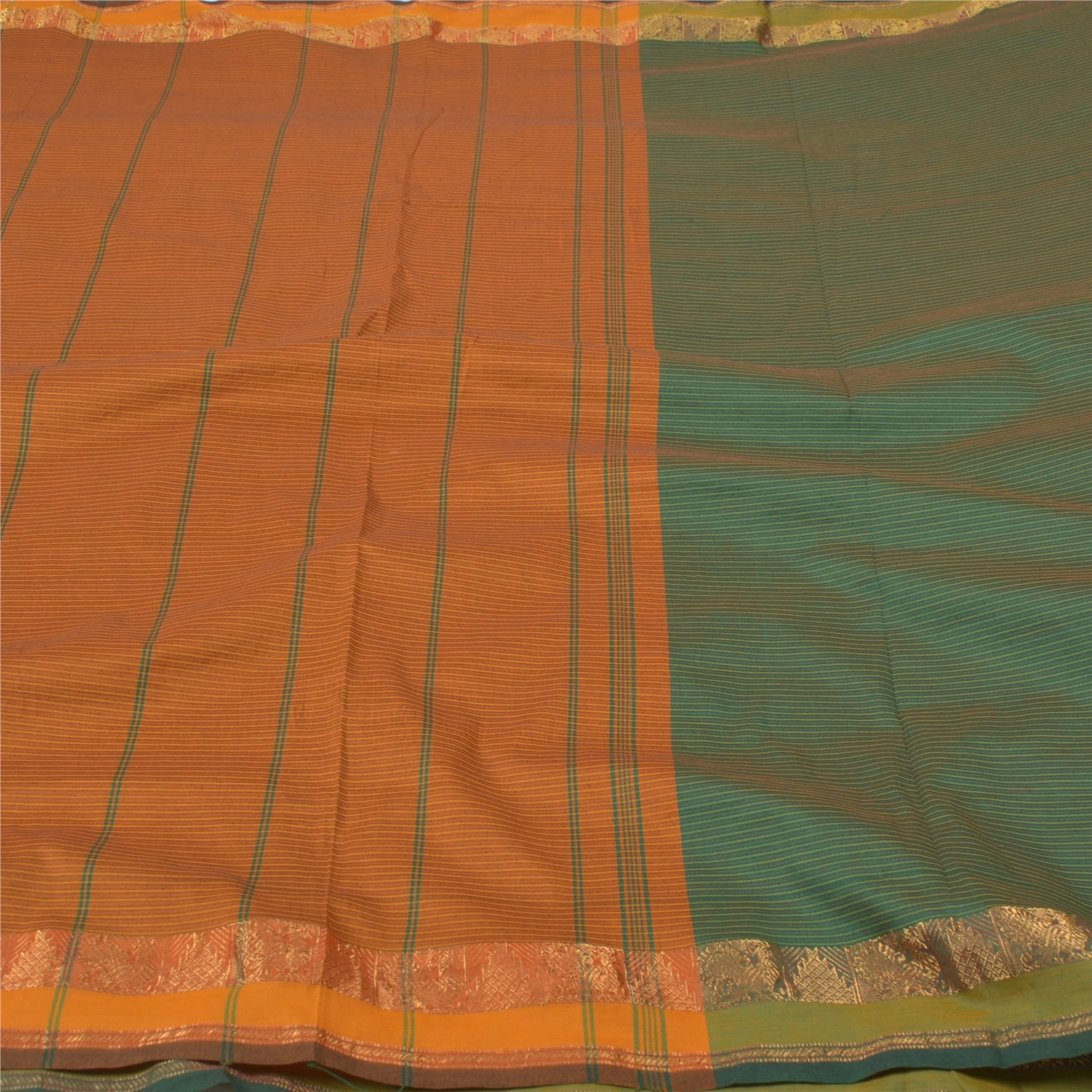 Sanskriti Vintage Indian Sari Blend Cotton Green Woven Sarees Premium Fabric, PS-55925-Green &amp; Orange-Woven Work-Blend Cotton-3