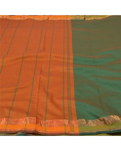 Sanskriti Vintage Indian Sari Blend Cotton Green Woven Sarees Premium Fabric, PS-55925-Green &amp; Orange-Woven Work-Blend Cotton-3