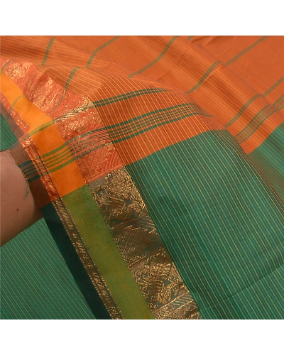 Sanskriti Vintage Indian Sari Blend Cotton Green Woven Sarees Premium Fabric, PS-55925-Green &amp; Orange-Woven Work-Blend Cotton-4