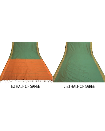 Sanskriti Vintage Indian Sari Blend Cotton Green Woven Sarees Premium Fabric, PS-55925-Green &amp; Orange-Woven Work-Blend Cotton-5