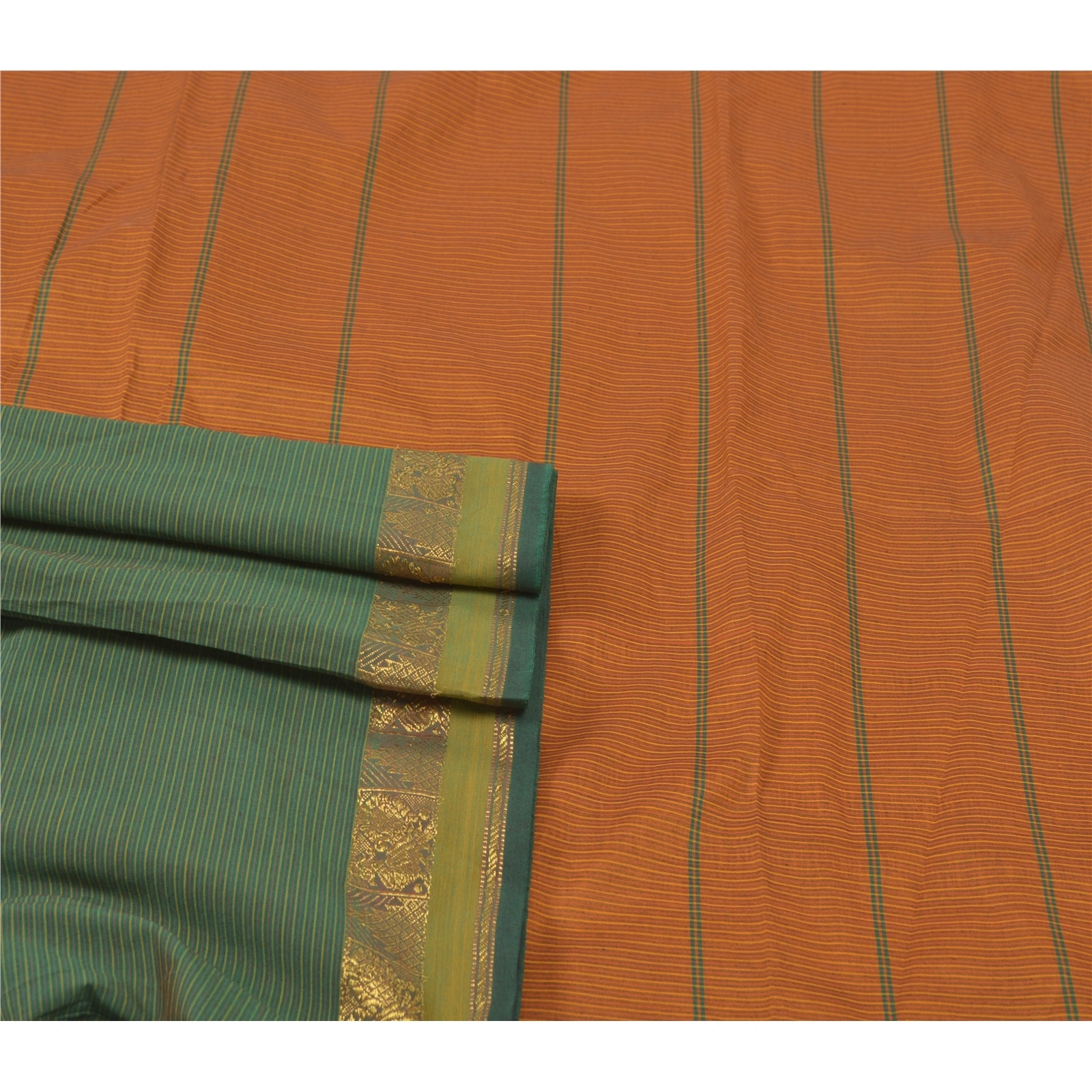 Sanskriti Vintage Indian Sari Blend Cotton Green Woven Sarees Premium Fabric, PS-55925-Green &amp; Orange-Woven Work-Blend Cotton-7